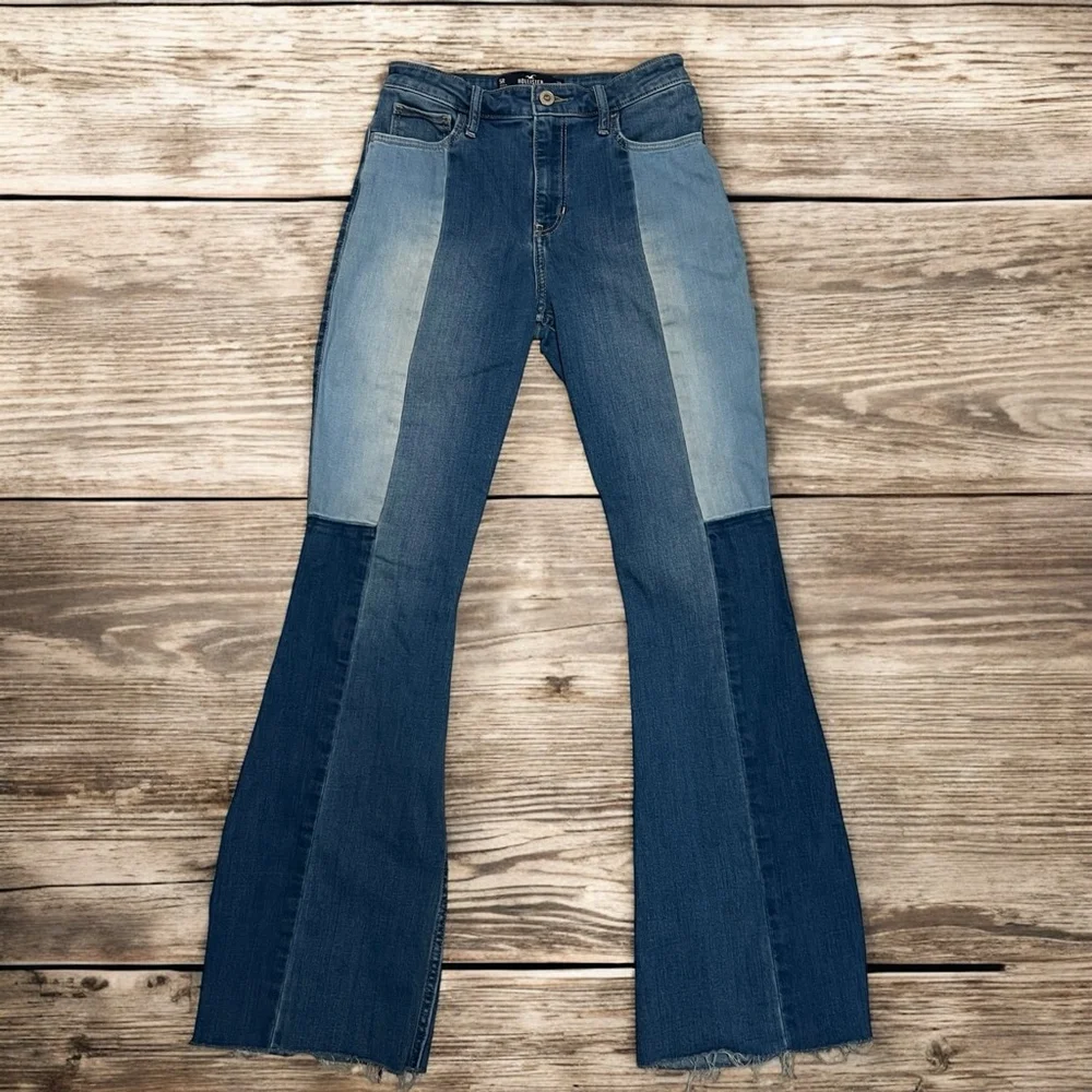 Hollister Two-Tone Blue Patchwork Flare Jeans - Picture 14 of 14